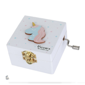 Boîte à musique manivelle, décor licorne colorée et joyeuse