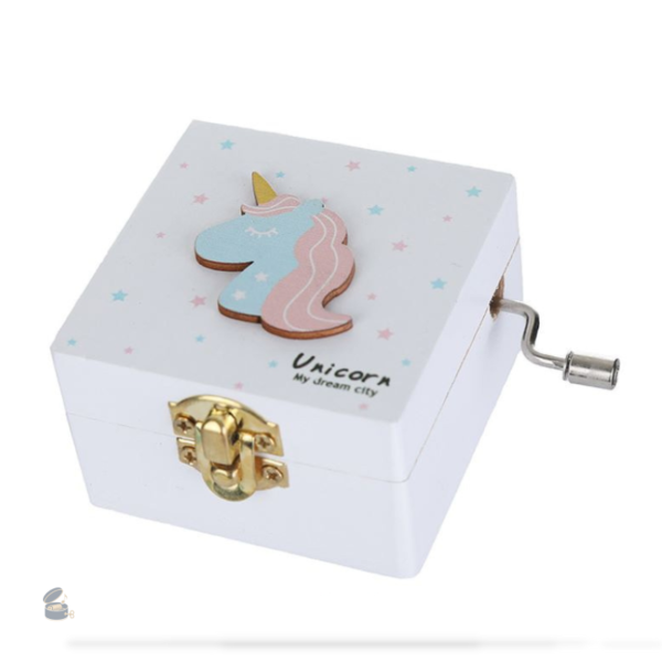Boîte à musique manivelle, décor licorne colorée et joyeuse